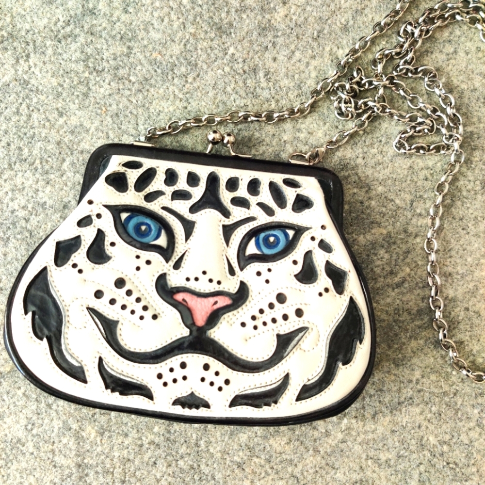 Brighton White Cat Kisslock Coin Handbag Leopard Print Purse